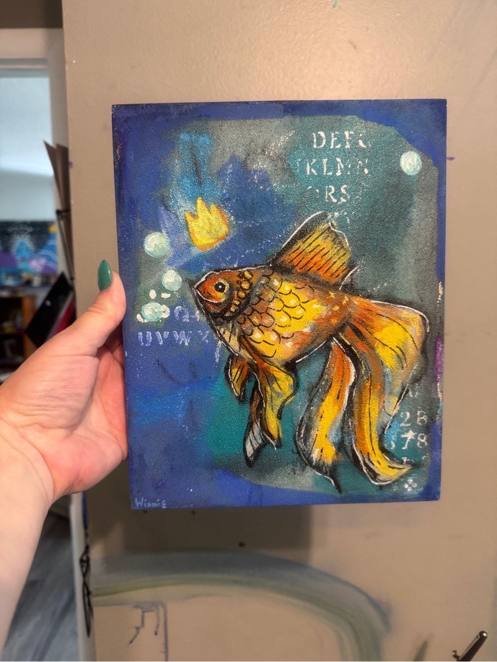 Original Mixed Media Fancy Goldfish Painting 8x10 Wood Canvas Art - Picture 2 of 6
